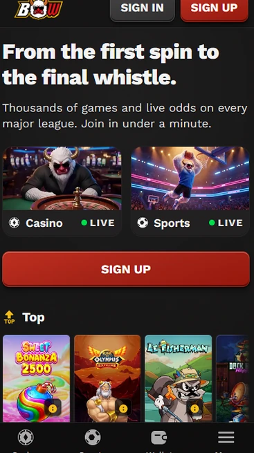 BangaWin mobile casino on a phone screen with Sign In and Sign Up buttons and the Top pokies row