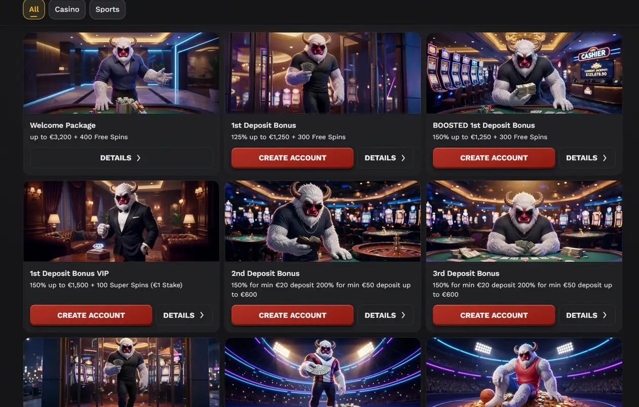 BangaWin bonuses page showing the welcome package, 1st deposit bonus, boosted deposit bonus and VIP offers