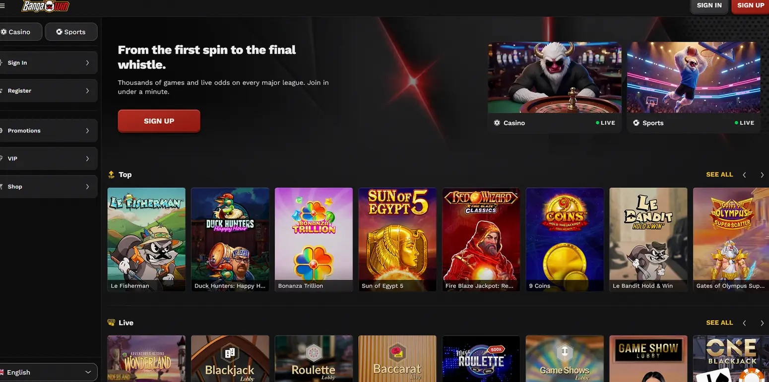 BangaWin online casino lobby for Australian players with top pokies, live casino tables and the Casino and Sports tabs
