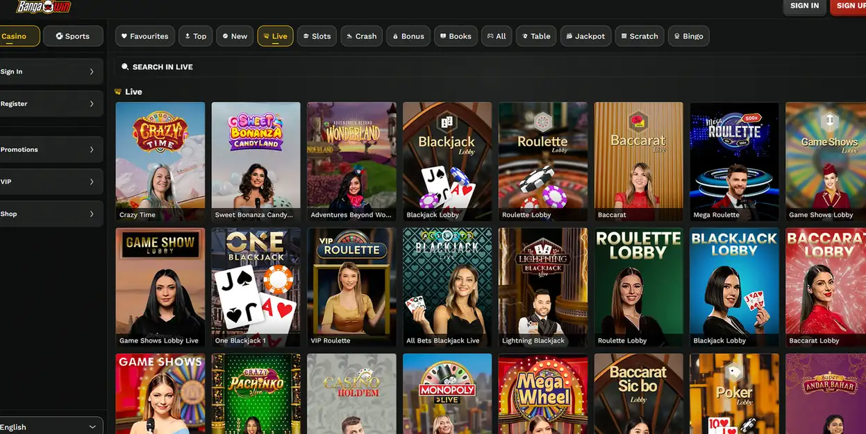 BangaWin live casino lobby with Crazy Time, Mega Roulette, Lightning Blackjack, Baccarat and game show tables