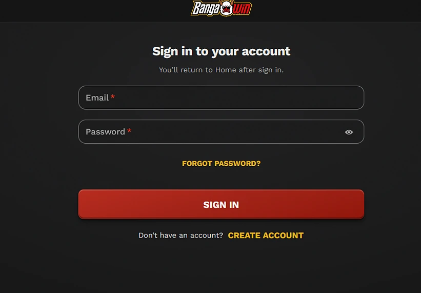 BangaWin sign in form with email and password fields, Forgot password link and Create account option