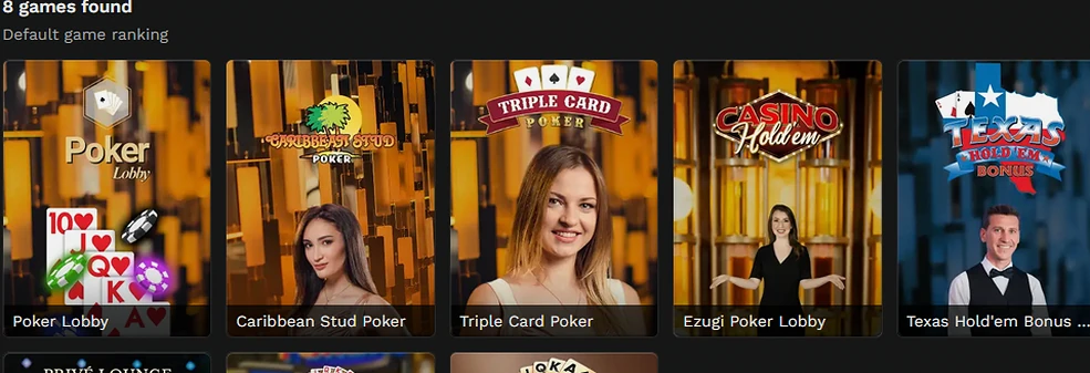Live poker tables at BangaWin including Casino Hold'em, Triple Card Poker and Caribbean Stud Poker