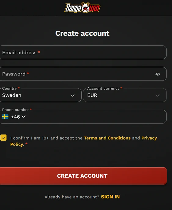 BangaWin create account form with email, password, country, account currency and phone number fields