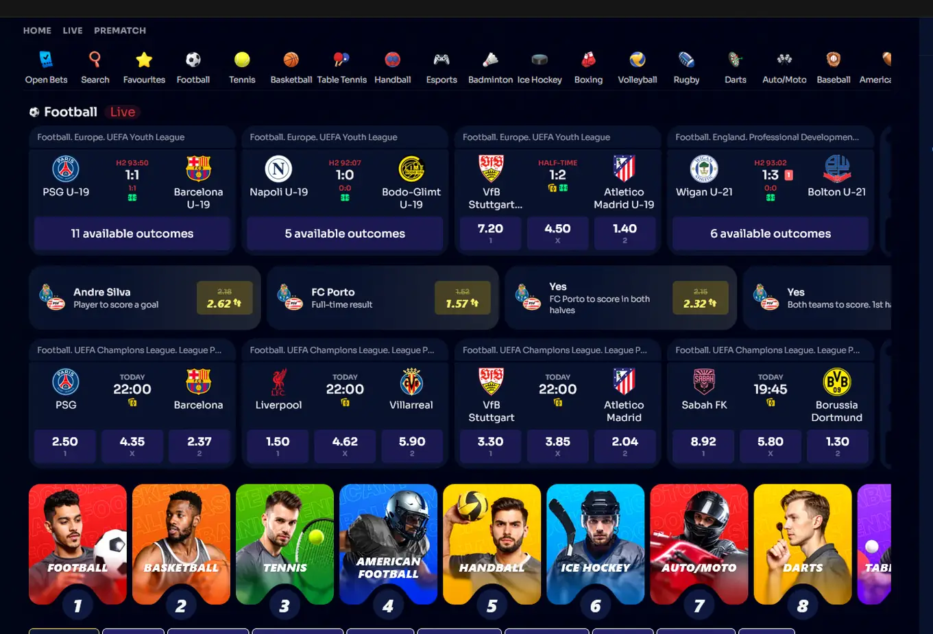 BangaWin sportsbook with live football odds, UEFA Champions League markets and sport categories from tennis to ice hockey